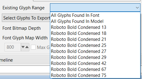 Select Glyphs to Export drop-down control